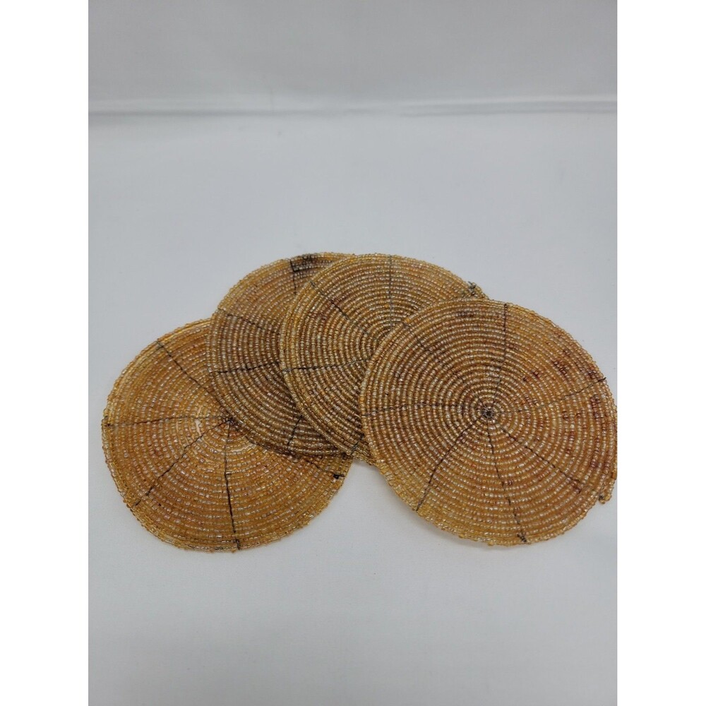 4 Piece Decorative Coaster Set Boho Glass Beads Art Gold Tone Table Decor 4"
